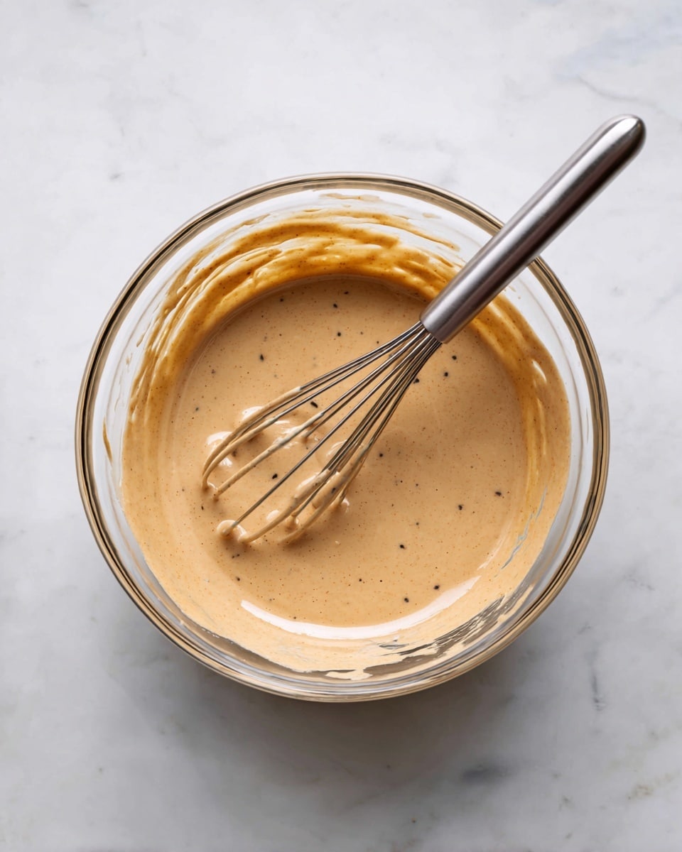 A clear glass bowl sits on a white marbled surface, filled with a smooth, medium-thick light brown batter with small dark specks scattered throughout. A silver metal whisk with thin loops is resting inside the batter, partially submerged, showing the texture of the mixture. The batter coats the sides of the transparent bowl unevenly, creating natural streaks, and the light reflects softly on its surface. The photo taken with an iphone --ar 4:5 --v 7