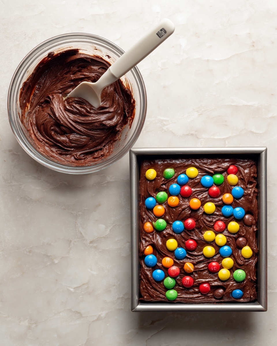 The image shows two glass bowls on a white marbled surface. The bowl on the left has a thick, shiny dark brown chocolate mixture with a metal whisk inside, glistening with smooth texture. The bowl on the right contains a light yellow, frothy egg mixture with small bubbles on the surface, showing a foamy and airy texture. Both bowls are clear, round, and placed side by side. photo taken with an iphone --ar 4:5 --v 7