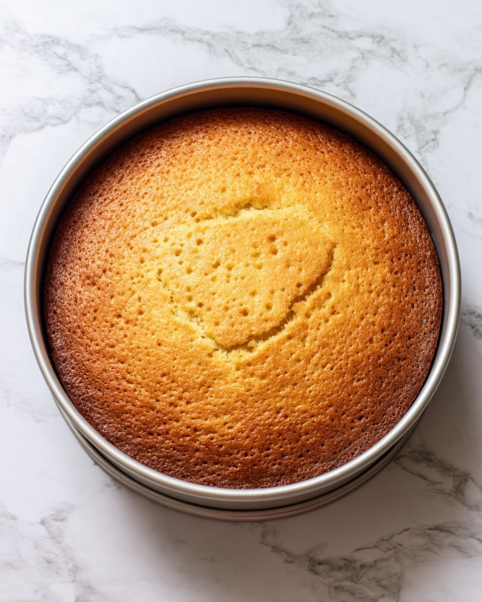 The image shows a single round cake layer in a silver baking pan on a white marbled surface. The cake layer is golden brown with a lightly textured top that has small bubbles and a small crack running slightly off-center. The edges of the cake are slightly darker and baked evenly all around. The surface is smooth and flat without any frosting or decoration. photo taken with an iphone --ar 4:5 --v 7