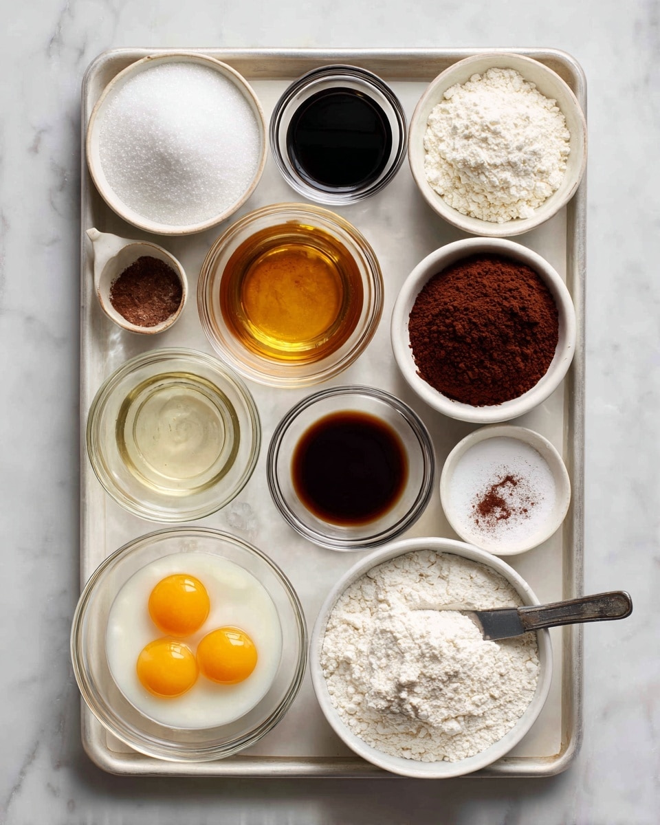 A baking tray holds ten small white bowls and glass containers arranged neatly in three rows on a white marbled surface. In the top row, from left to right, there is a bowl of white granulated sugar, a small glass cup of dark brown vanilla extract, and a glass jar filled with golden oil. The middle row has a bowl of light brown sugar, a bowl of dark brown cocoa powder, and a larger bowl full of white flour. In the bottom row, there is a small glass container with a light liquid, a bowl with two raw eggs showing bright yellow yolks and clear whites, a small knife with a sprinkle of dark brown powder on its blade, and a tiny bowl with white baking powder mixed with a pinch of salt. Photo taken with an iphone --ar 4:5 --v 7