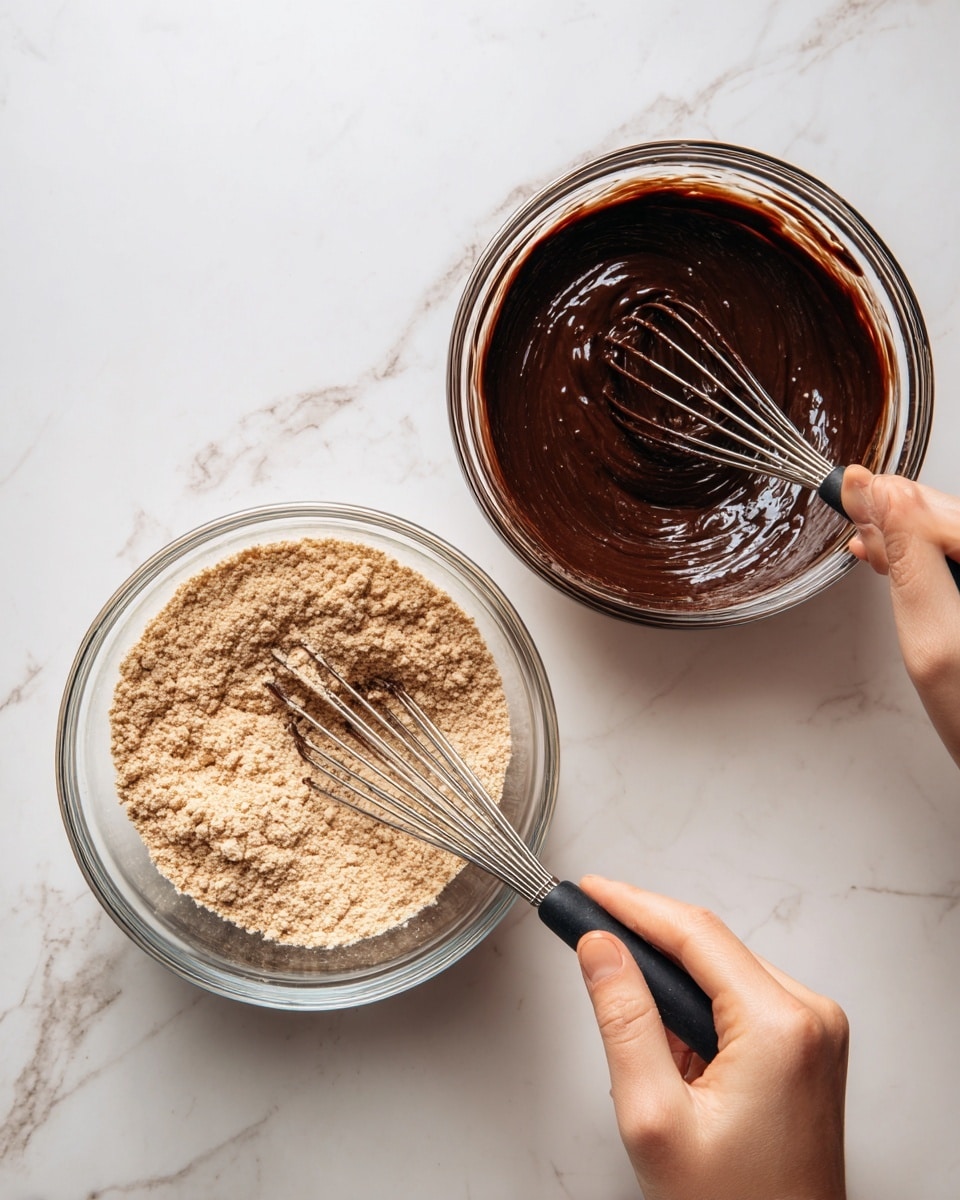 The image shows two glass bowls on a white marbled surface. The bowl on the left contains a dry mix of light brown powder with some clumps, and a whisk with a black handle resting inside. The bowl on the right has a smooth, thick dark brown mixture being stirred with a whisk held by a woman's hand. The contrast between the powdery texture on the left and the shiny, wet mixture on the right is clear. Photo taken with an iphone --ar 4:5 --v 7