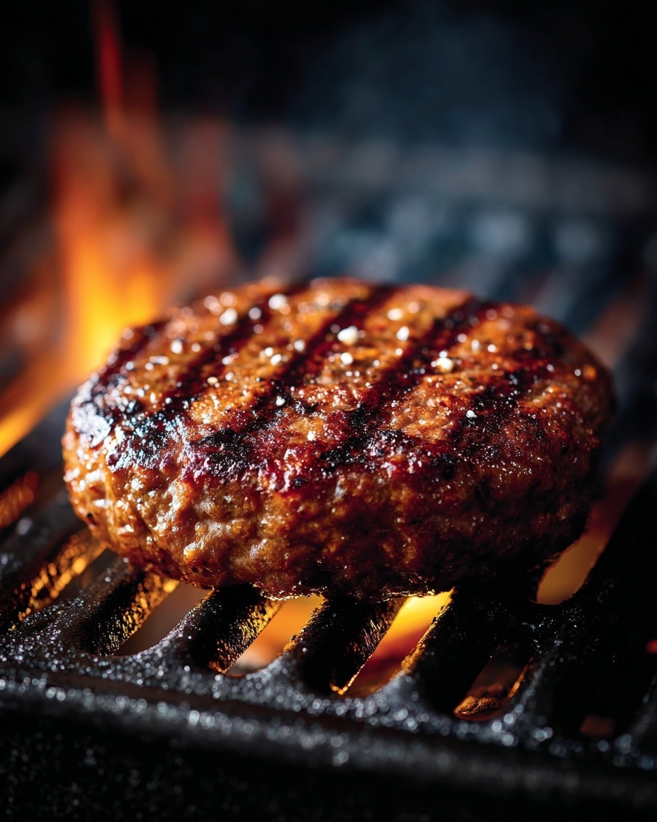 A grilled beef patty sits alone on a black grill with burning flames visible below. The patty is thick with a browned, slightly rough texture and dark grill marks running horizontally across it. Juices glisten on the top, creating a small shiny red spot near the center, highlighting its cooked but juicy appearance. The background is dark, emphasizing the rich brown and golden colors of the meat. Photo taken with an iphone --ar 4:5 --v 7