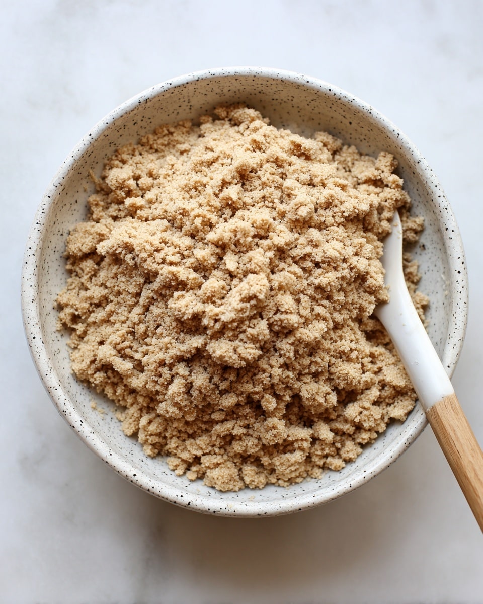 A close-up of a white speckled bowl filled with coarse, light brown crumbled topping with a grainy texture, almost like small clusters of sugar and flour mixed together. A white spoon with a wooden handle rests inside the bowl, partially buried in the crumble. The bowl is placed on a white marbled surface. Photo taken with an iphone --ar 4:5 --v 7