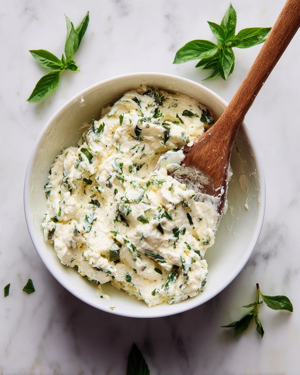 A white bowl filled with a creamy mixture that has a thick texture, showing small and medium white cheese chunks mixed with green leafy herbs spread evenly throughout. A wooden spoon is placed inside the bowl with some of the creamy mixture coating its surface. The bowl sits on a white marbled surface with a few fresh green basil leaves scattered around. photo taken with an iphone --ar 4:5 --v 7