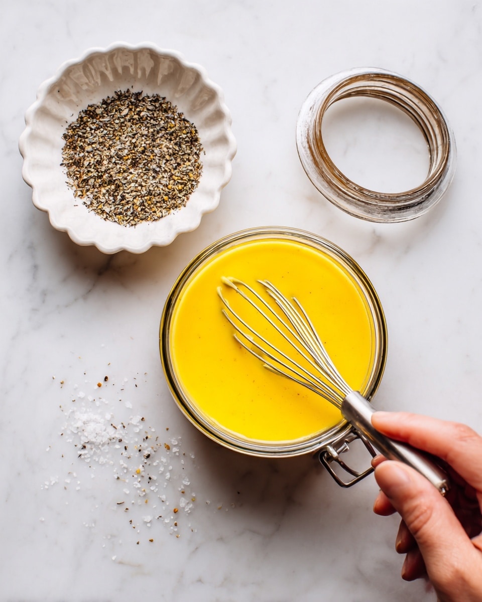 A clear glass jar filled with smooth, bright yellow liquid sits on a white marbled surface, with a small silver whisk inside the jar being held by a woman's hand stirring the contents gently. Above the jar, slightly to the left, is a white scalloped bowl filled with a coarse mix of salt and black pepper, some of which is scattered onto the marbled background. The jar’s lid lies open and flat next to the jar, showing its transparent glass design and metal clasp. The overall scene feels clean and simple, focused on the fresh, vibrant yellow liquid in the jar. photo taken with an iphone --ar 4:5 --v 7