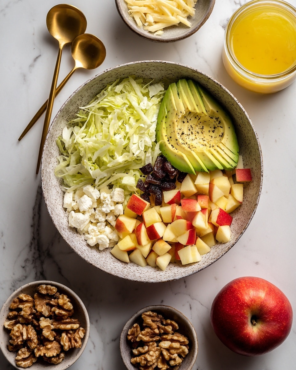 A speckled bowl holds a fresh salad arranged in five sections: shredded light green cabbage on the right, next to it slices of avocado with a smooth green gradient and black pepper sprinkled on top, chopped dark brown dates, small white crumbles of cheese, and diced red and yellow apples with some black pepper. Underneath these layers, there are pieces of walnuts and more shredded cabbage. Two golden spoons are placed on opposite sides inside the bowl. Around the bowl on the white marbled surface are a bowl of walnuts, a bowl of cheese, a clear glass jar of yellow dressing, and a shiny red apple. photo taken with an iphone --ar 4:5 --v 7