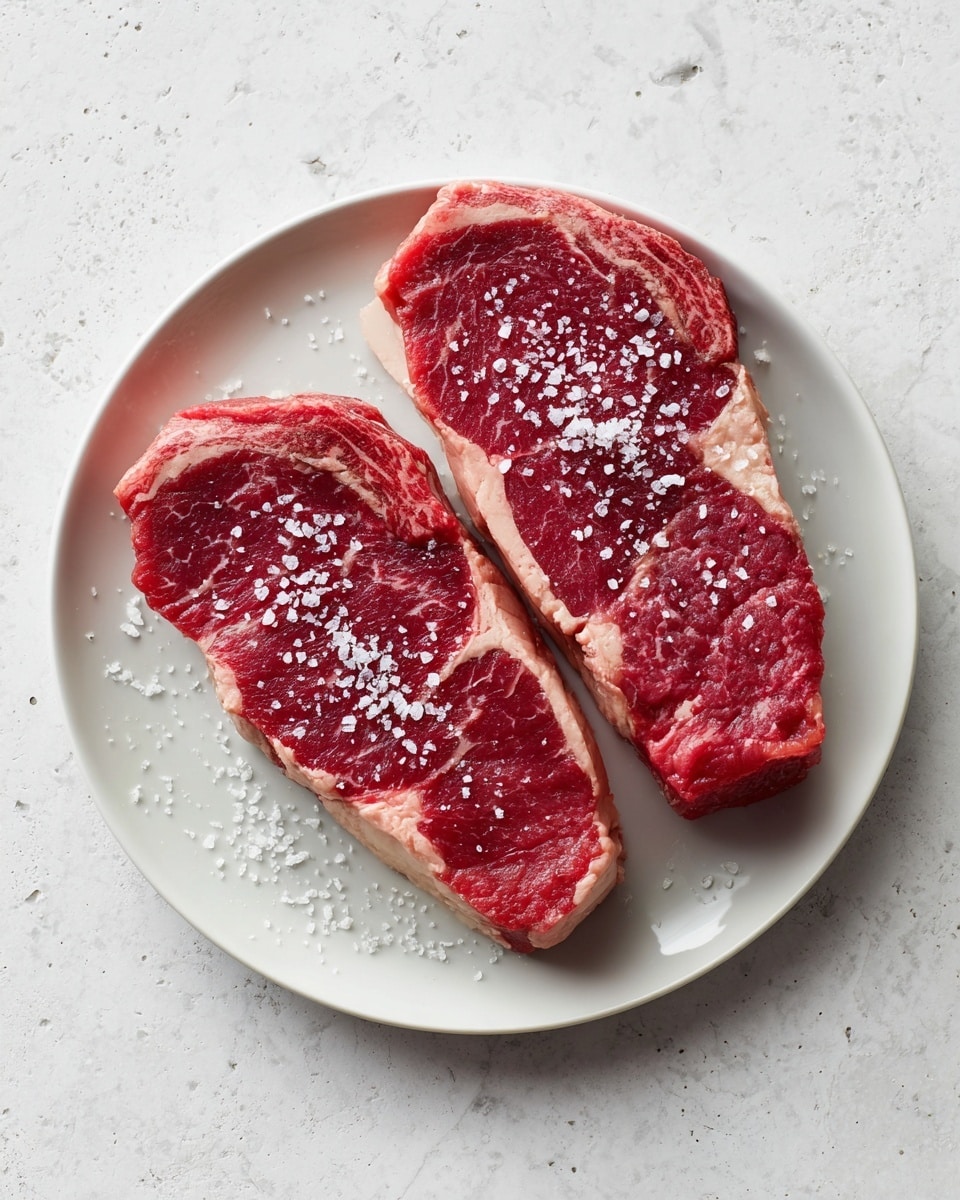 Two raw steaks lie flat and side by side on a white plate, placed on a white marbled textured surface. Each steak is thick, with rich red meat and visible light pink marbling around the edges and within the meat. Both steaks are sprinkled with coarse white salt crystals, spread evenly across their surfaces. The plate is round, simple, and clean, holding just the two steaks with no other items visible. Photo taken with an iphone --ar 4:5 --v 7