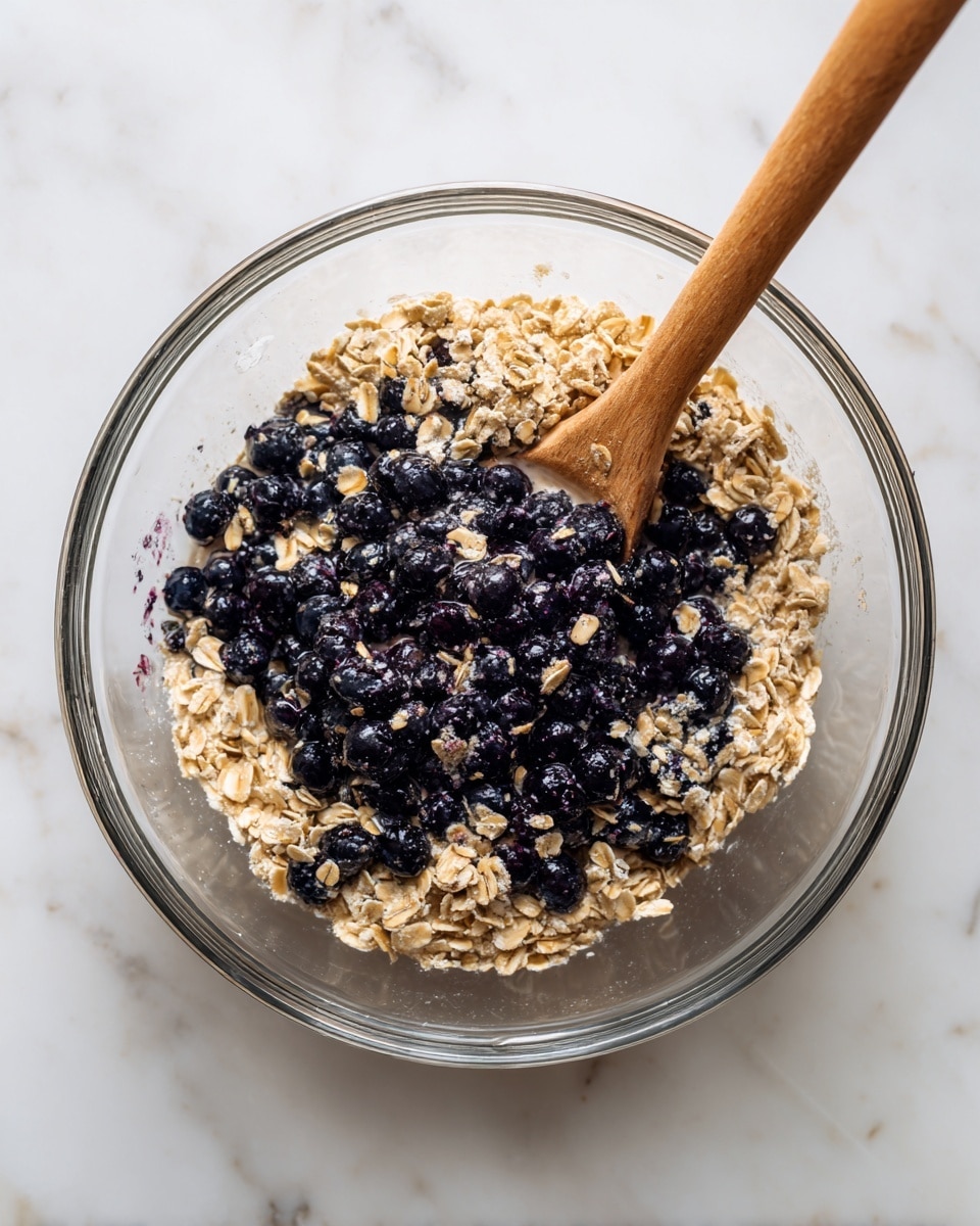 A clear glass bowl sits on a white marbled surface filled with a mix of light brown rolled oats and dark blue blueberries evenly spread throughout. The oats appear moist, soaked in a light beige liquid that creates a slightly foamy texture on top. A wooden spoon is placed on the right side inside the bowl, partially submerged and resting inside the mixture. The bowl is viewed from above, showing the mix's rough, grainy texture with scattered oats stuck to the sides. Photo taken with an iphone --ar 4:5 --v 7