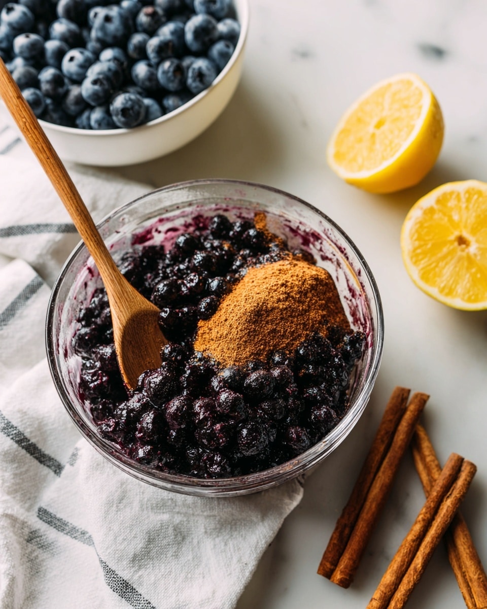 A clear glass bowl filled with dark blue and black berries mixed with a brown powder, placed on a white marbled surface with a white cloth with grey stripes underneath. A wooden spoon rests inside the bowl, scooping some of the berry mixture. Nearby, there is a white bowl filled with more dark berries and a half lemon with bright yellow skin on the cloth. Several cinnamon sticks lie next to the bowl on the white marbled surface. Photo taken with an iphone --ar 4:5 --v 7