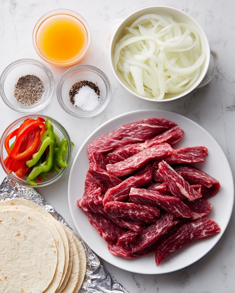 A white plate filled with thick, red raw beef strips with white marbled fat sits in the center. Above it, a white bowl holds white sliced onions, some pieces spilling out. To the left, a clear cup contains orange liquid, and next to it is a small glass bowl with a mix of black pepper and white salt. Below, a clear bowl is filled with thin green and red bell pepper strips. At the bottom right, a stack of white round tortillas lies on top of silver foil. All items are placed on a white marbled surface. photo taken with an iphone --ar 4:5 --v 7