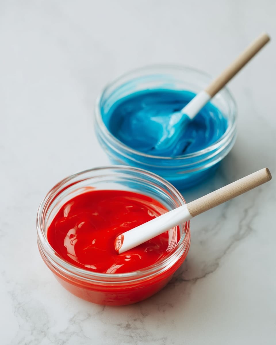 The image shows two clear glass bowls placed on a white marbled surface. The top bowl contains a bright blue liquid with some darker swirls, giving a smooth texture, and a white spoon with a wooden handle resting in it. The bottom bowl is filled with a bright red liquid, also smooth, with a white spoon with a wooden handle sitting inside. Both bowls have a simple round shape and the liquids show a shiny, slightly reflective surface. The overall look is clean and bright, emphasizing the strong colors of the liquids. Woman's hand is not visible but the wooden handles suggest a natural, soft touch. photo taken with an iphone --ar 4:5 --v 7