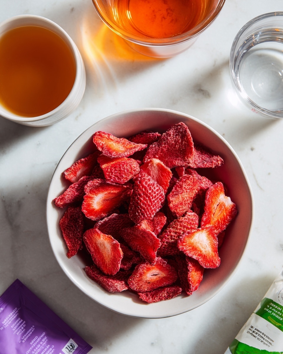 The image shows a white bowl filled with bright red dried strawberry slices that are rough and uneven in shape, placed in the center on a white marbled surface. Around the bowl, there is a small white cup with a light amber liquid at the bottom left, a clear measuring cup with white liquid and orange base at the top right, a purple and white tea packet near the top left, and a green and white bottle of sweetener lying sideways at the bottom right. The setting is bright and clean with a simple arrangement. photo taken with an iphone --ar 4:5 --v 7