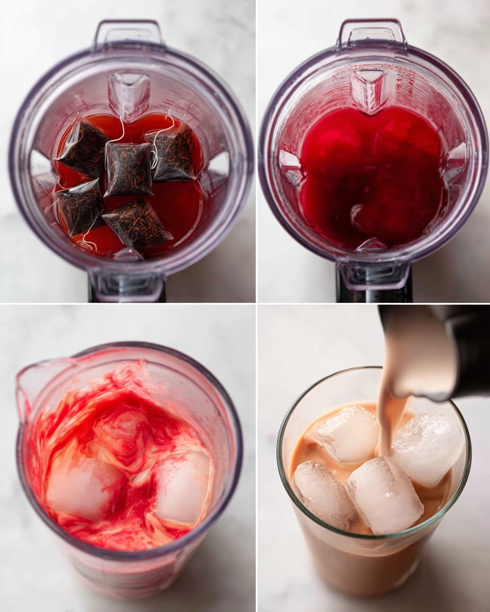 The image shows a four-step process of making a pink drink in a clear blender container and a clear cup on a white marbled surface. The first layer has three dark tea bags with tea leaves inside, steeping in reddish liquid at the bottom of the blender. The second layer is a close-up of the same blender container filled with bright red liquid, showing the blades at the bottom. The third layer shows a white liquid being poured into the blender with the reddish tea, creating a swirling mix of red and white colors. The final layer depicts the pink drink being poured into a clear cup filled with ice cubes, making a creamy light pink beverage with a smooth texture. Photo taken with an iphone --ar 4:5 --v 7