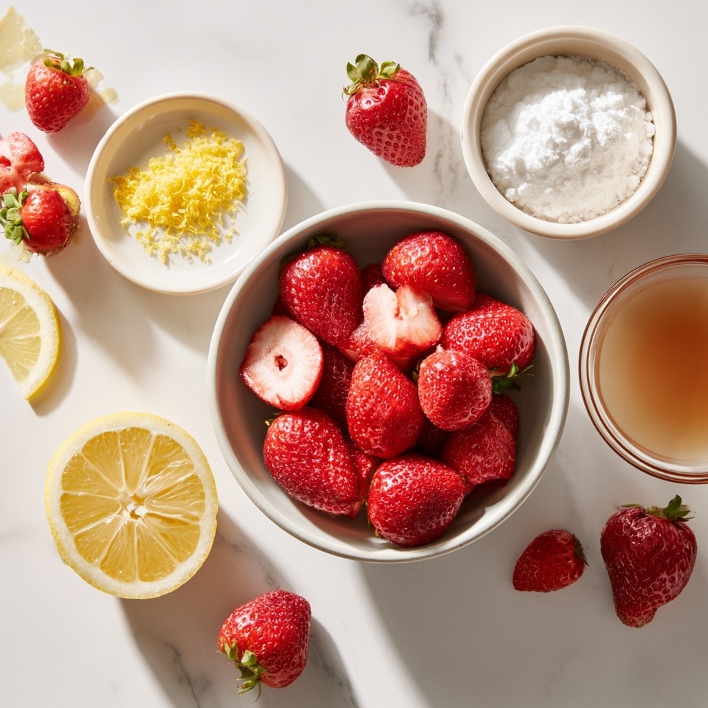 A collage of four images shows the process of cooking strawberries in a white pan. The top left image displays whole and halved strawberries with some lemon zest on top inside the pan, all bright red with a few yellow zest specks. The top right image shows the strawberries softened and starting to release juice, turning the mixture into a shiny red layer covering the pan bottom. The bottom left image features the strawberries further broken down, surrounded by thick red syrup with visible fruit pieces floating in the pan. The bottom right image shows a woman's hand stirring the thick, glossy strawberry mixture with a white spoon, highlighting the juicy and chunky red texture inside the pan. All images have a white marbled background. photo taken with an iphone --ar 4:5 --v 7