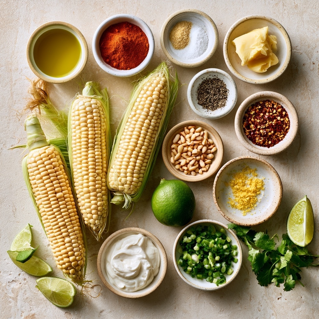 The image shows a white round plate filled with grilled corn ribs, which are cut into curved strips showing bright yellow kernels with charred dark brown edges. The corn ribs are topped with dollops of white creamy sauce scattered unevenly across them. Small green chopped herbs are sprinkled all over, adding a fresh touch. Light brown pine nuts are spread over the dish, adding texture and contrast. The plate sits on a white marbled surface with subtle veining. photo taken with an iphone --ar 4:5 --v 7