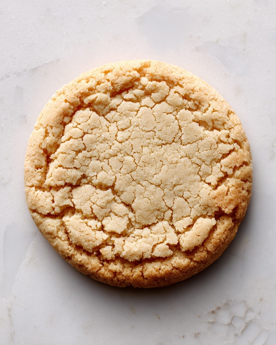 A round, lightly golden cookie with a slightly uneven surface texture, showing some fine cracks and soft indentations, resting flat on a white marbled surface. The cookie has a smooth, matte finish with a gently darker ring around the edge, giving it a slightly baked look. The color is a warm beige, consistent across the entire cookie with subtle variations that highlight its soft texture photo taken with an iphone --ar 4:5 --v 7