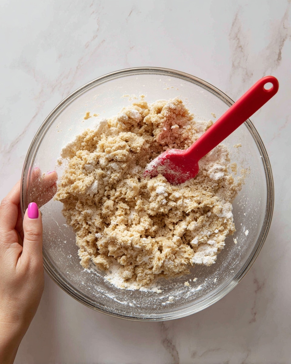 A clear glass bowl containing a crumbly, light brown dough mixed unevenly with white flour powder, with visible small clumps and rough texture; a red spatula edge is partially visible inside the bowl on the left side; a woman's hand with pink nail polish holds the bowl from the bottom right corner; the bowl sits on a white marbled surface. photo taken with an iphone --ar 4:5 --v 7