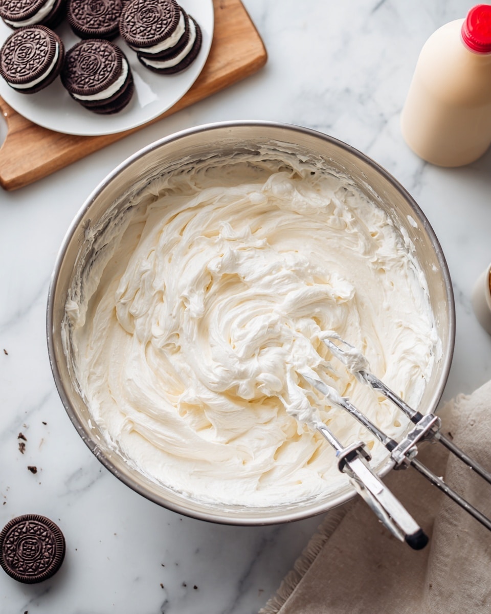A large silver mixing bowl sits on a white marbled surface, filled with smooth and fluffy white whipped cream that has soft swirled peaks. Two metal beaters, still inside the bowl, show cream clinging to their wires as they rest near the center. In the background, slightly out of focus, there is a white plate holding several round chocolate sandwich cookies with a white cream filling, placed on a wooden board. To the right, there is a beige bottle with a red cap on the same white marbled surface. photo taken with an iphone --ar 4:5 --v 7