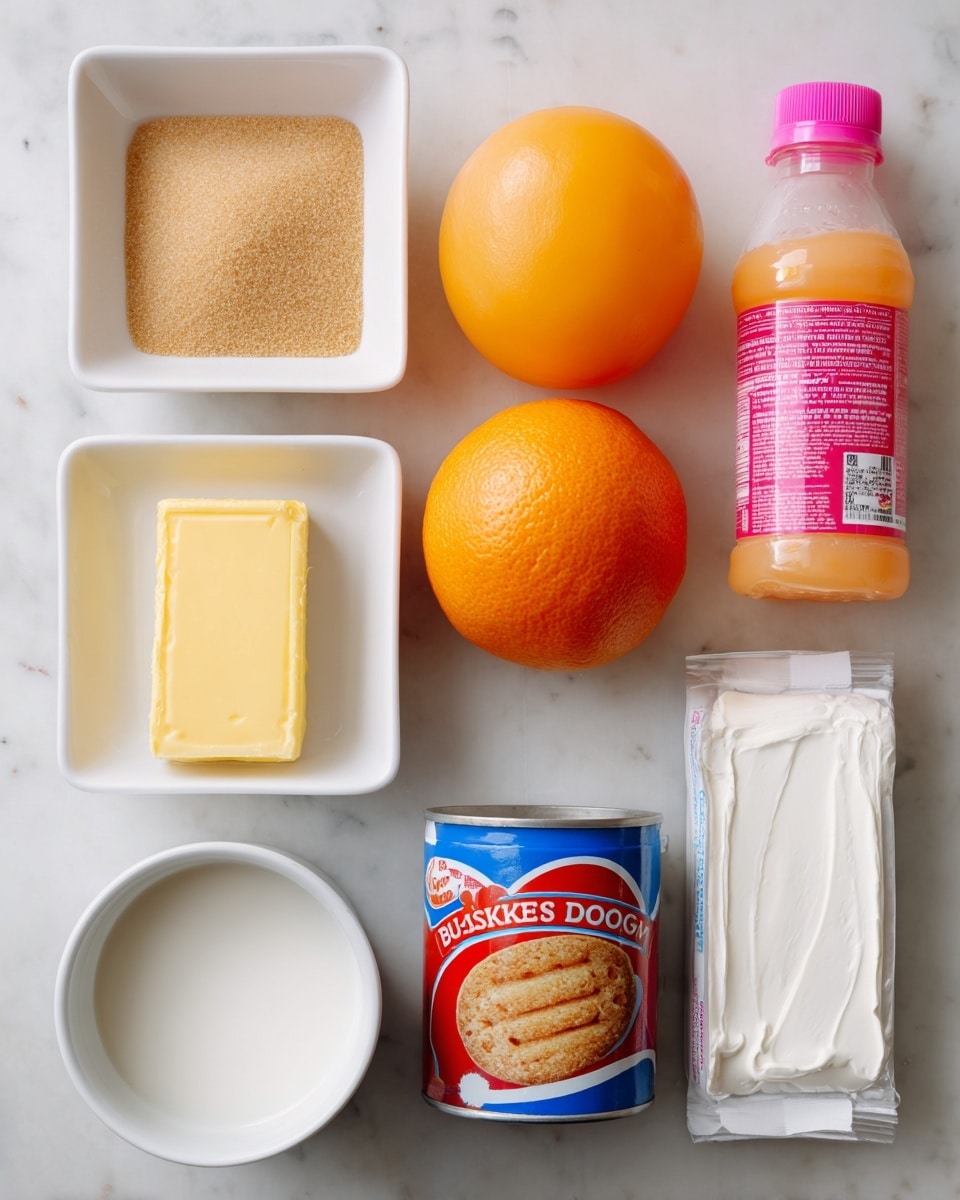 A white marbled surface holds seven ingredients neatly arranged in two rows: on the top row from left to right, there is a square white dish filled with light brown sugar, a square white dish next to it holds a whole bright orange, a small plastic bottle of orange juice with a pink cap, a block of yellow butter in its wrapper, and finally a blue and red can of biscuit dough with an image of baked biscuits on the front; on the bottom row, placed below the orange and juice, there is a white cup filled halfway with a white liquid, and a rectangular white package of cream cheese. photo taken with an iphone --ar 4:5 --v 7
