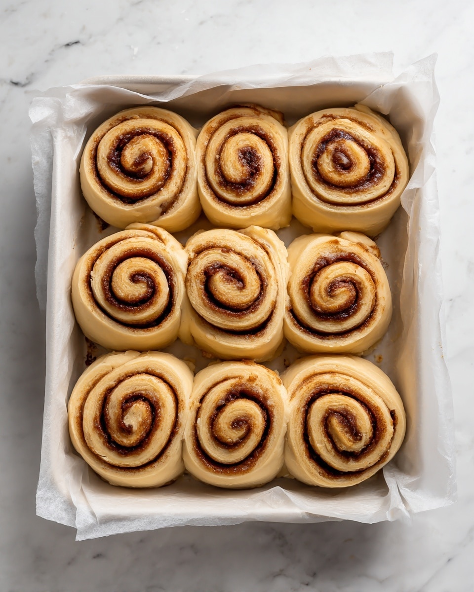 The image shows eight round cinnamon rolls arranged neatly on a white baking tray lined with white paper, placed on a white marbled surface. Each roll is spiraled with light tan dough and a darker brown cinnamon filling visible in the swirls. The dough looks soft and slightly glossy, with some small crumbs around the edges. The rolls are evenly spaced, and the colors range from creamy beige to warm brown. Photo taken with an iphone --ar 4:5 --v 7