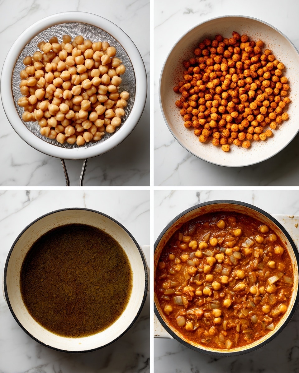 The image shows four pictures arranged in a 2x2 grid on a white marbled surface. The top left picture is a white round colander filled with light beige chickpeas. The top right picture is a white pan with chickpeas coated with a light reddish-brown spice mix, spread evenly in a single layer. The bottom left picture shows a white pan with a shallow layer of dark greenish-brown liquid, smooth in texture. The bottom right picture shows the same pan with a bubbling, thick orange-brown stew containing chickpeas and small diced pieces, with steam rising. photo taken with an iphone --ar 4:5 --v 7