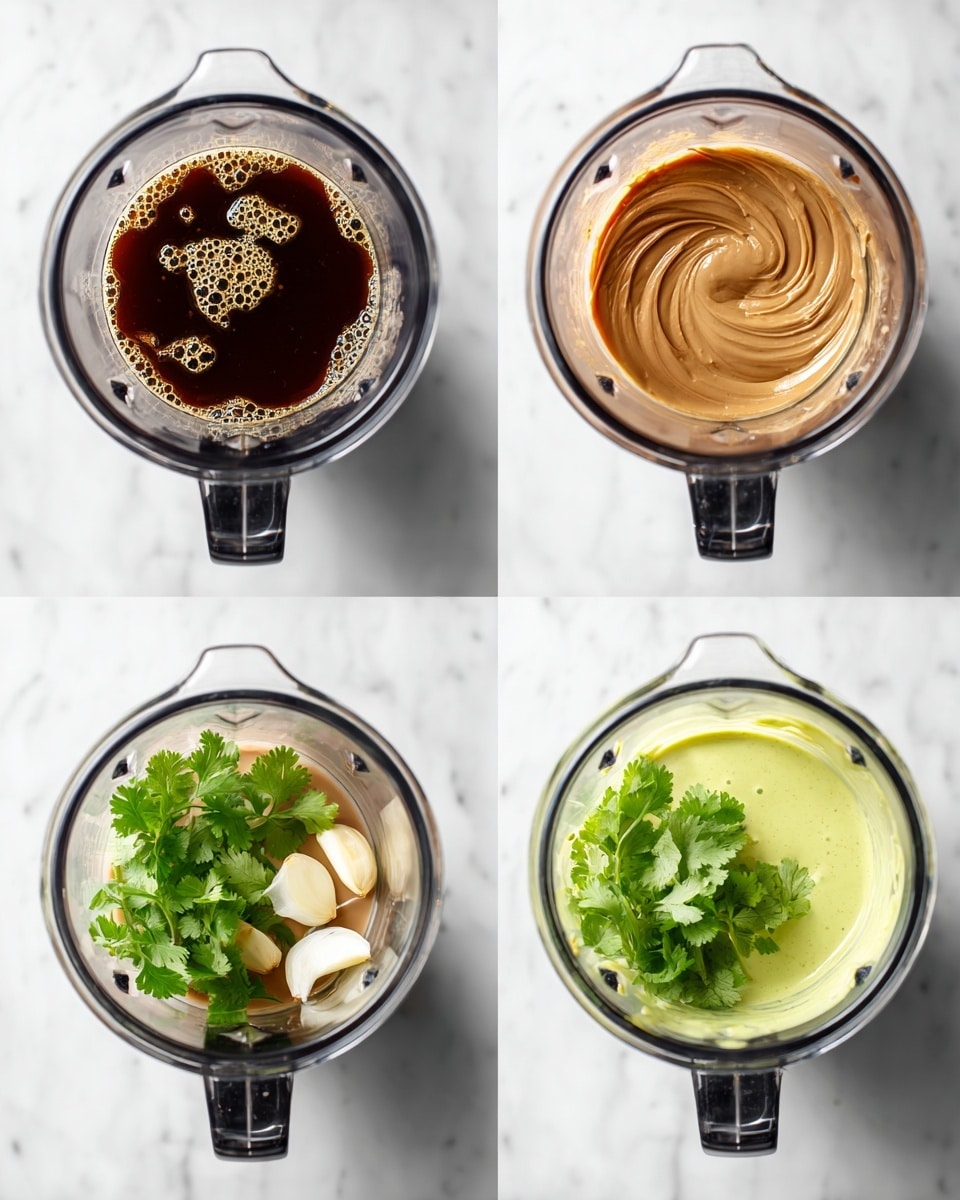 In the first layer, a clear glass blender container holds a dark brown liquid with small bubbles and specks, showing a thin and watery texture. The second layer shows the same blender container now filled with a thick, smooth, light brown paste that swirls in the center. The third layer adds fresh green cilantro leaves and peeled white garlic cloves on top of the light brown paste inside the blender. The last layer shows the contents blended into a creamy, light yellow-green sauce with a smooth surface. All images are set against a white marbled background with the blender handle visible in each shot, photo taken with an iphone --ar 4:5 --v 7