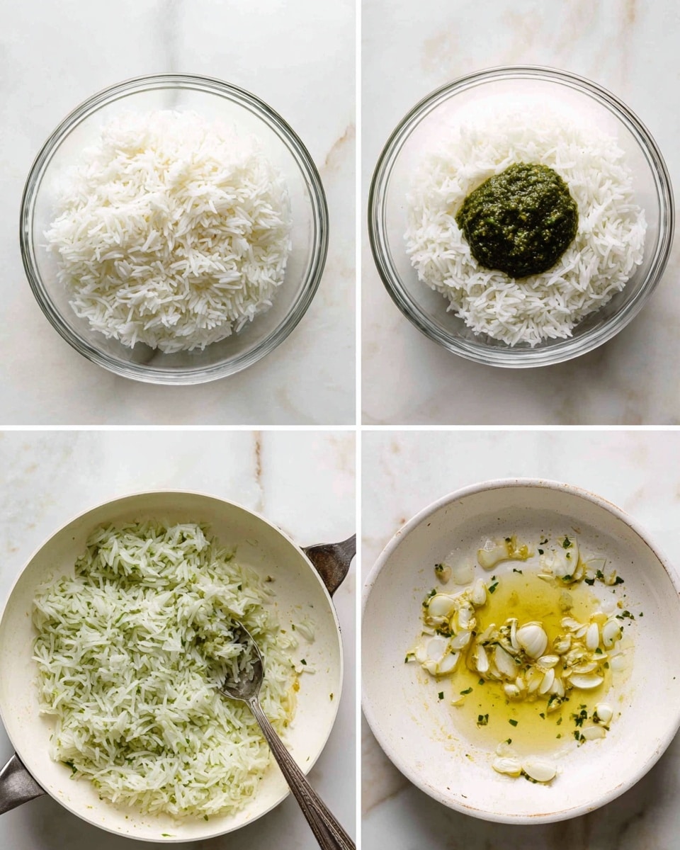 The image shows four steps in making a green rice dish. The first part is a clear glass bowl with one layer of white cooked rice, fluffy and soft. The second part adds a dollop of thick, dark green sauce placed in the center on top of the rice. The third part shows the rice mixed with the green sauce, turning the rice light green with a textured look, and a spoon resting inside the bowl. The last part shows a close-up of a white ceramic pan with small pieces of white onion and light yellow garlic cooking in oil, with tiny green herb bits visible on the pan surface. The whole setup is on a white marbled surface photo taken with an iphone --ar 4:5 --v 7
