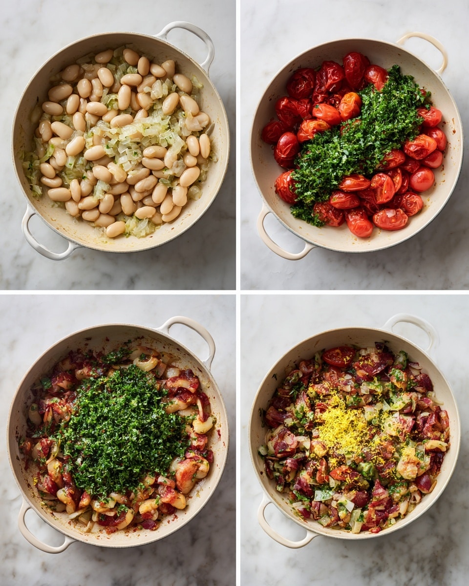The image shows four stages of cooking a dish in a light-colored pan on a white marbled surface. The first stage has a single layer of large, pale, oval beans mixed with small bits of light onion, scattered evenly. The second stage adds halved, bright red cherry tomatoes on top of the partly mashed beans, adding color contrast. The third stage has the same base with a generous topping of chopped bright green parsley and some yellow lemon zest spread in the center. The final stage shows all ingredients mixed together, creating a textured and colorful mix of beige beans, red tomatoes, green herbs, and yellow zest evenly spread in the pan. Photo taken with an iphone --ar 4:5 --v 7
