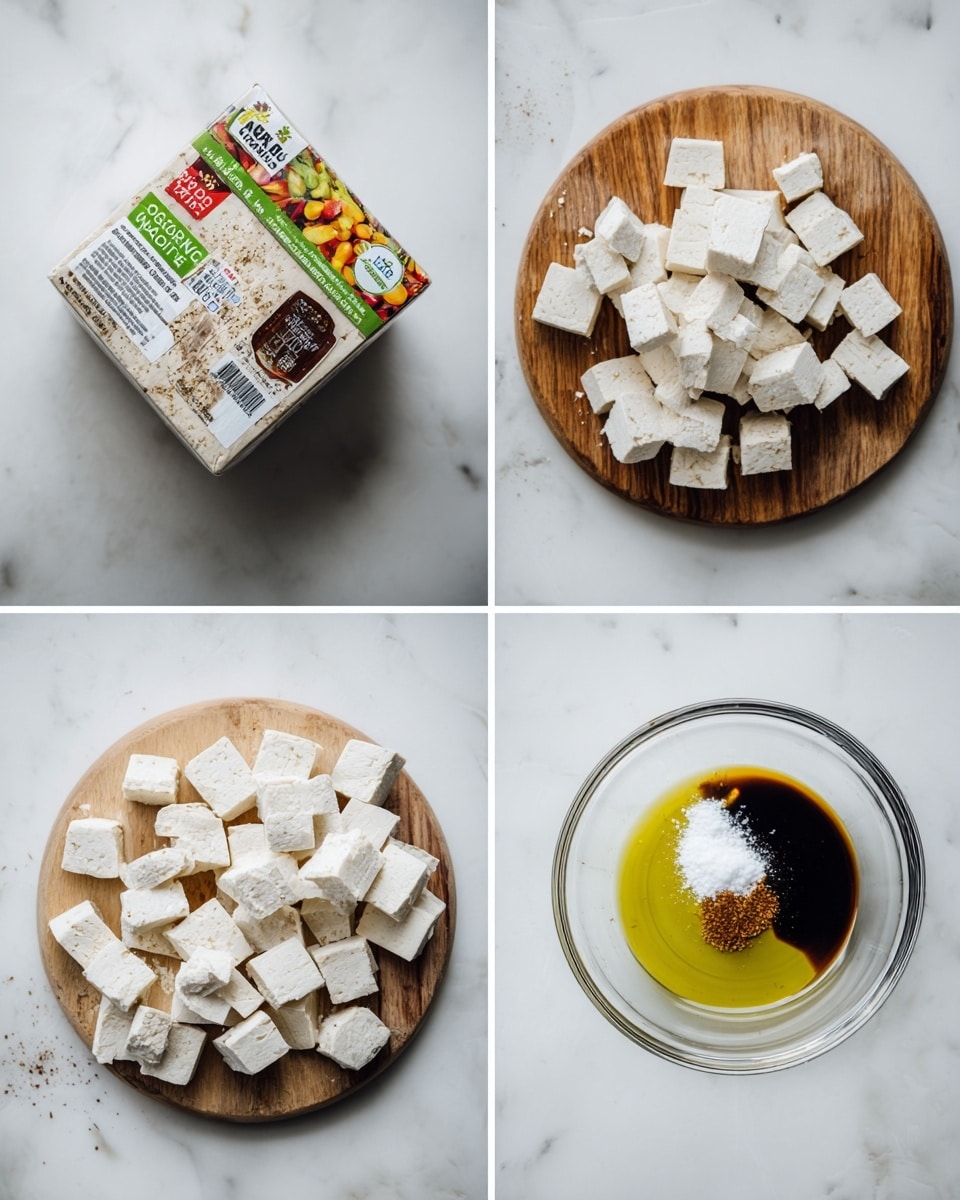 The image shows a four-step visual process. The first part displays a square package of organic tofu with a colorful label on a white marbled surface. The second part shows a block of white tofu placed on a wooden board. The third part captures many small white tofu cubes spread out on the same wooden board. The last part features a clear glass bowl on the white marbled surface containing a small amount of yellow oil, dark brown sauce, and white powder. photo taken with an iphone --ar 4:5 --v 7