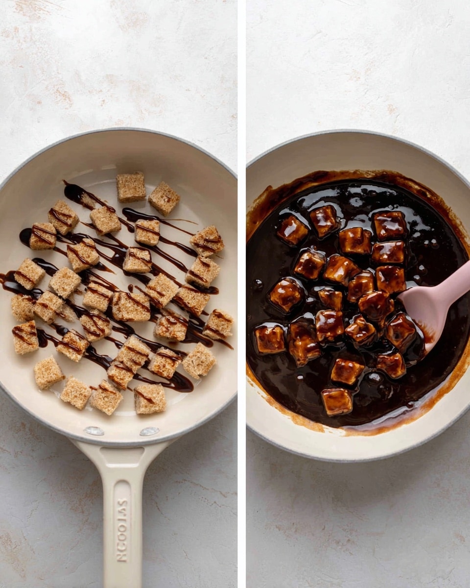 The image shows two close-up views inside a white saucepan placed on a white marbled surface. On the left, small beige cubes are scattered evenly in the pan, covered with dark brown sauce drizzled on top in thick lines. On the right, the same cubes are coated more evenly with the dark brown sauce, mixed with a pink spoon resting inside the pan, the sauce giving the cubes a shiny texture. photo taken with an iphone --ar 4:5 --v 7