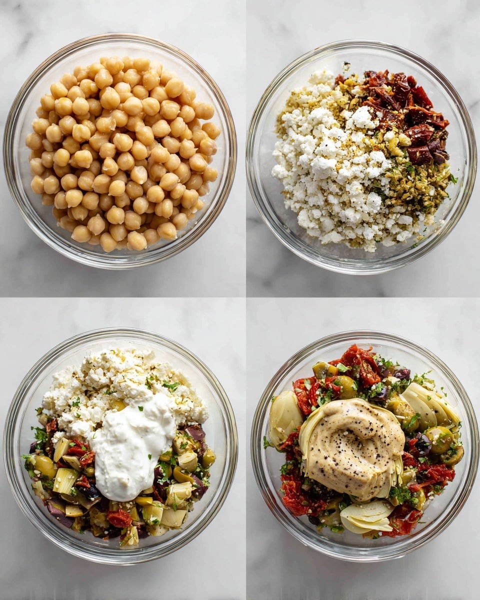 A clear glass bowl sits on a white marbled surface. The first image shows a single layer of plain beige chickpeas filling the bowl. The second image adds crushed chickpeas with white, crumbly texture mixed in, creating a layered effect over the whole bowl. The third image has a colorful mix on top: dark red sun-dried tomatoes, white crumbly feta cheese, bright green chopped herbs, chunks of light yellow artichoke hearts, and small pieces of black olives and red bell pepper. The fourth image shows the mixed salad with creamy white yogurt and a dollop of light brown tahini sauce on top, sprinkled with black pepper. photo taken with an iphone --ar 4:5 --v 7