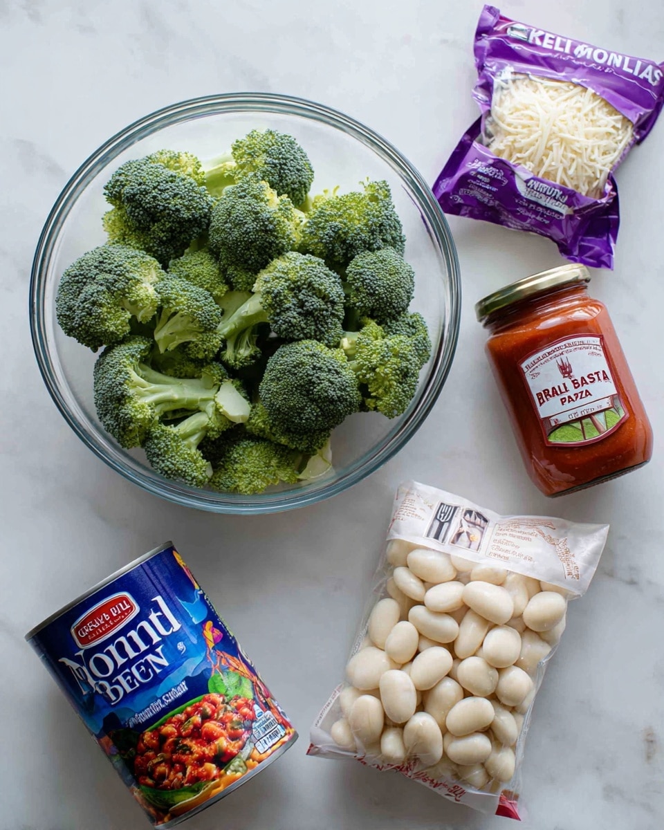 The image shows a white marbled surface with five items arranged neatly on it. In the center, there is a clear glass bowl filled with fresh green broccoli florets. To the top right of the bowl is a purple and white package of shredded mozzarella cheese. Next to the cheese, on the right side, there is a jar of reddish tomato basil pasta sauce with a white and red label. Below the bowl, on the left side, there is a blue can of Great Northern beans with a colorful label. On the bottom right, there is a package of white gnocchi with a mostly white label featuring a fork and knife illustration tied with a red ribbon. Photo taken with an iphone --ar 4:5 --v 7