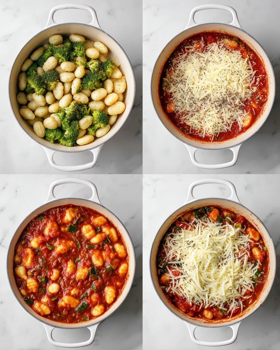 The image shows four steps of a layered dish inside a white pot and a white pan on a white marbled surface. The first layer in the white pot is filled with white gnocchi and fresh green broccoli florets, giving a mix of pale and vibrant green colors. The second layer adds a bright red tomato sauce topped with a thick layer of shredded white cheese sprinkled with a light dusting of black pepper. The third image features the mixture cooked down into a thick, rich red sauce with softened gnocchi and broccoli pieces visible throughout the dish. The final image shows the same dish in a white pan, now topped again with a generous layer of shredded white cheese, covering the surface fully. Photo taken with an iphone --ar 4:5 --v 7