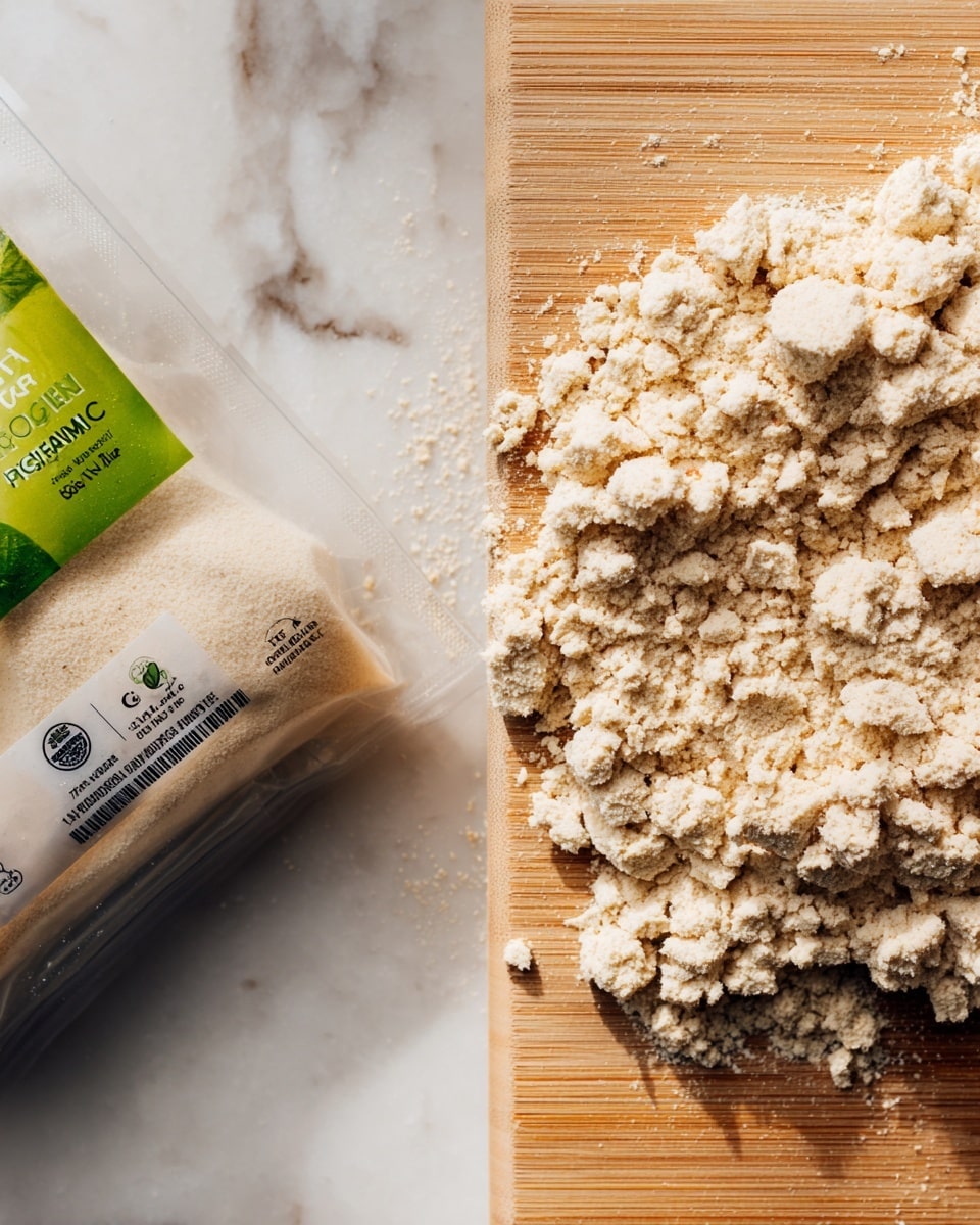 The image shows two parts: on the left side, there is a clear plastic package with a green and white label for high protein organic tofu, placed on a white marbled surface. On the right side, there is a close-up of finely crumbled tofu pieces spread evenly, with a rough and soft texture and a pale beige color, resting on a light wooden board. Photo taken with an iphone --ar 4:5 --v 7