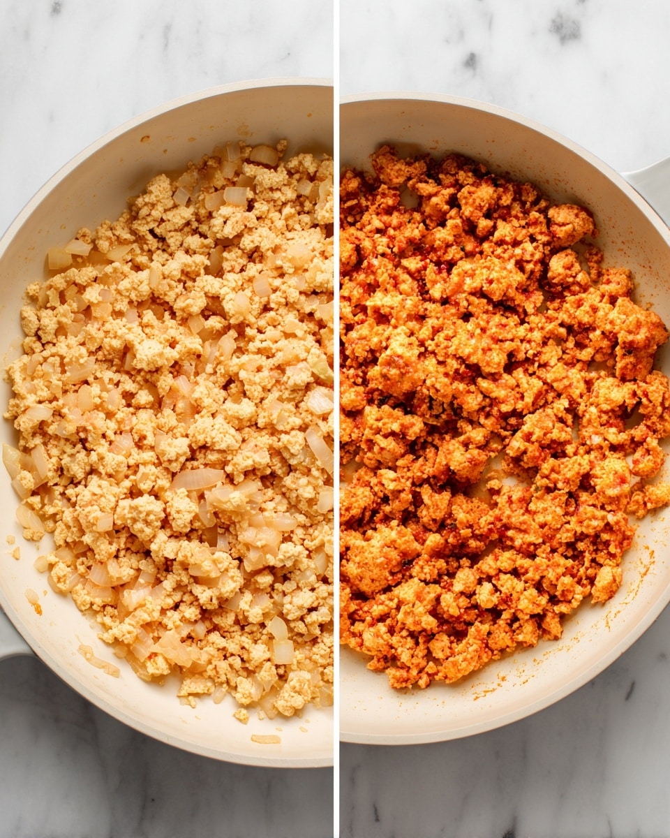 The image shows two side-by-side close-up views of cooked ground tofu in the same white pan. The left side has tofu that is light beige, crumbly in texture, and mixed with small bits of translucent cooked onion, giving it a soft, uneven surface. The right side shows the same tofu now cooked with sauce, turning it a warm reddish-orange color with a moist, slightly chunky texture, while the small onion pieces remain visible. Both pans rest on a white marbled surface. Photo taken with an iphone --ar 4:5 --v 7