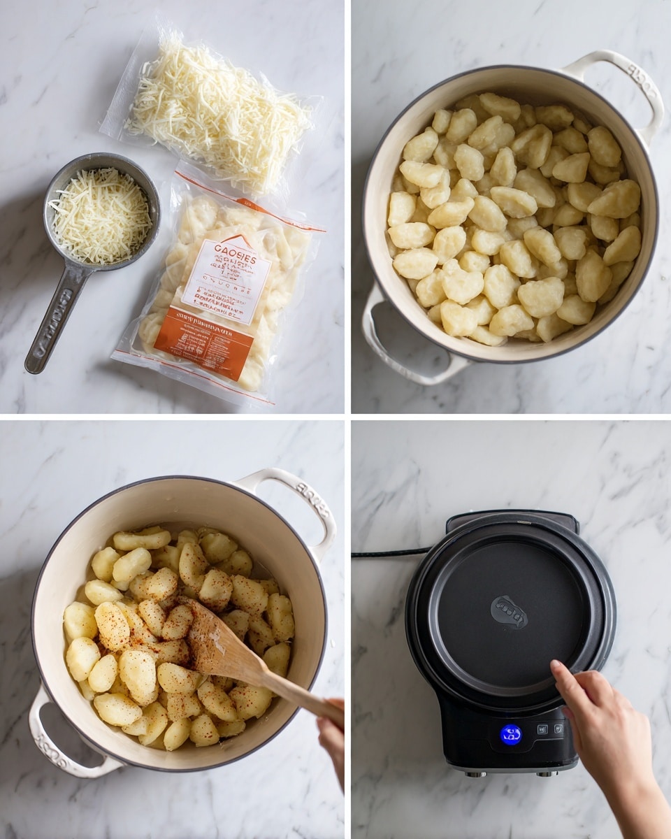 The image shows four parts: top left is a white marbled surface with a metal measuring cup filled with shredded white cheese and a clear plastic package of gnocchi with an orange and white label; top right is a white pot on a white marbled surface filled with uncooked pale yellow gnocchi; bottom left shows the same white pot on a white marbled surface with cooked gnocchi that are slightly browned and seasoned, being stirred with a light wooden spoon held by a woman's hand; bottom right is a small black round cooking appliance with a blue indicator light on a white marbled surface. photo taken with an iphone --ar 4:5 --v 7