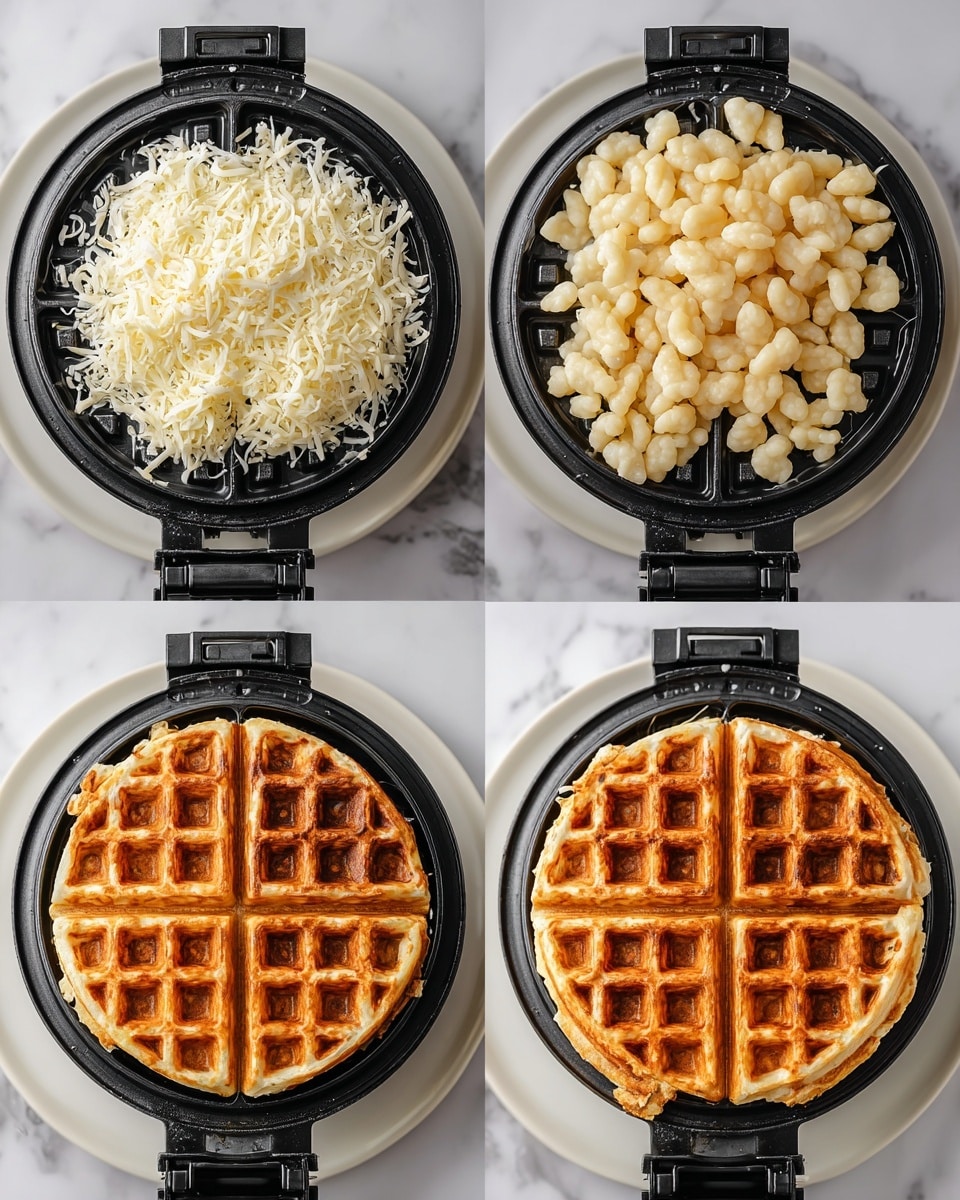 The image shows four steps of making cheesy gnocchi waffles on a round black waffle maker placed on a white plate with a white marbled background. In the first step, there is a layer of shredded white cheese spread evenly inside the waffle maker. In the second step, a layer of small pale yellow gnocchi is placed on top of the cheese, some cheese is slightly melting underneath. In the third step, another layer of shredded white cheese is added on top of the gnocchi, covering most of them. The last step shows two cooked golden brown waffles with a crispy grid texture resting on a black wire cooling rack. The waffles look crunchy on the outside with some browned spots. photo taken with an iphone --ar 4:5 --v 7