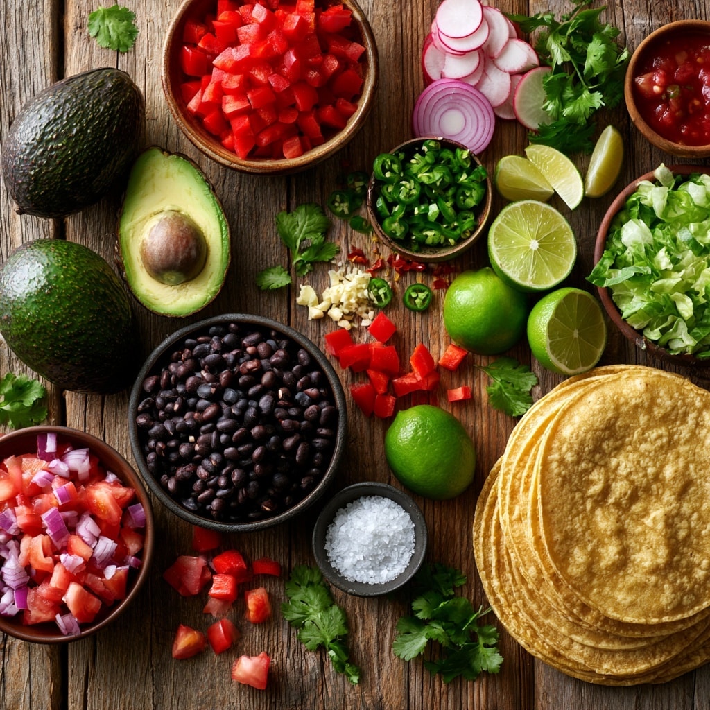 The image shows four parts of making a guacamole dish. The top left part has a white bowl with mashed green avocado, chunky and creamy, with a spoon inside. The top right part shows a white bowl filled with layers of small diced red bell peppers, chopped red onions, black beans, fresh green herbs, and red seasoning powders sitting on top of avocado chunks. The bottom left part shows a white bowl with the ingredients mixed together, creating a colorful, chunky green mix with bits of red, purple, black, and herbs, with a spoon resting inside. The bottom right part shows four round, white corn tortillas toasted with brown spots, placed on a black cooling rack over a white marbled surface. Photo taken with an iphone --ar 4:5 --v 7