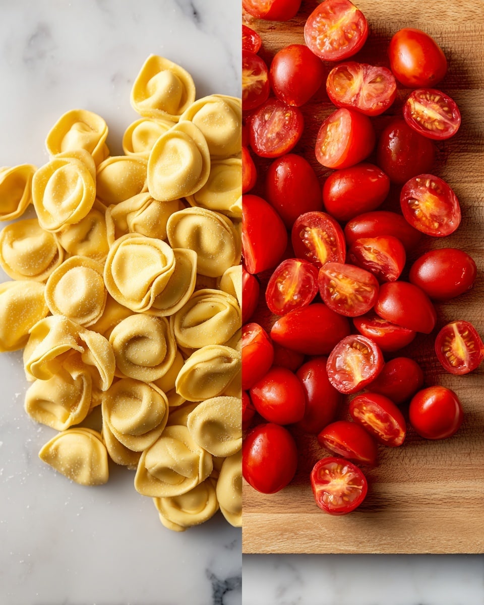 The image is split into two parts. On the left side, there is an open package of yellow tortellini pasta seen from above, with each piece showing a round, folded shape and a smooth texture, the package resting on a white marbled surface. On the right side, there is a wooden cutting board full of halved red cherry tomatoes, with some whole, displaying a shiny and juicy texture, placed on a white marbled surface. The colors contrast brightly with the yellow of the pasta and the red of the tomatoes. photo taken with an iphone --ar 4:5 --v 7