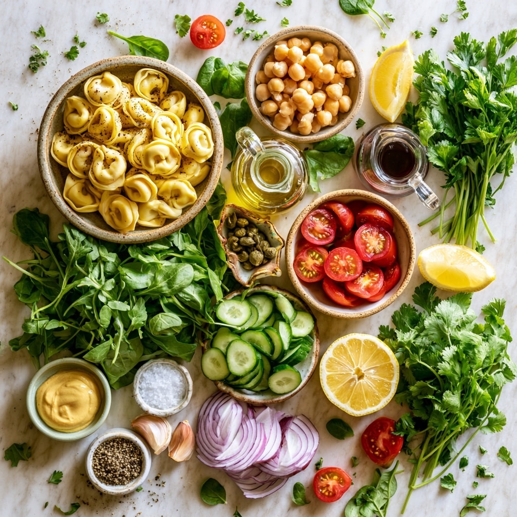A collage of four images on a white marbled surface shows the process of making a pasta dish. The first image is a blue and tan package of Rana Family Size 5 Cheese Tortellini with the pasta visible through a clear window at the bottom. The second image is a glass bowl filled with fresh green spinach leaves at the bottom, sliced purple onions on top, followed by round beige chickpeas, and finished with small green capers scattered over. The third image is a top view of a blender container filled with bright green smooth sauce. The last image shows the glass bowl now topped with a large pile of pale yellow cooked tortellini covering the other ingredients below. Photo taken with an iphone --ar 4:5 --v 7