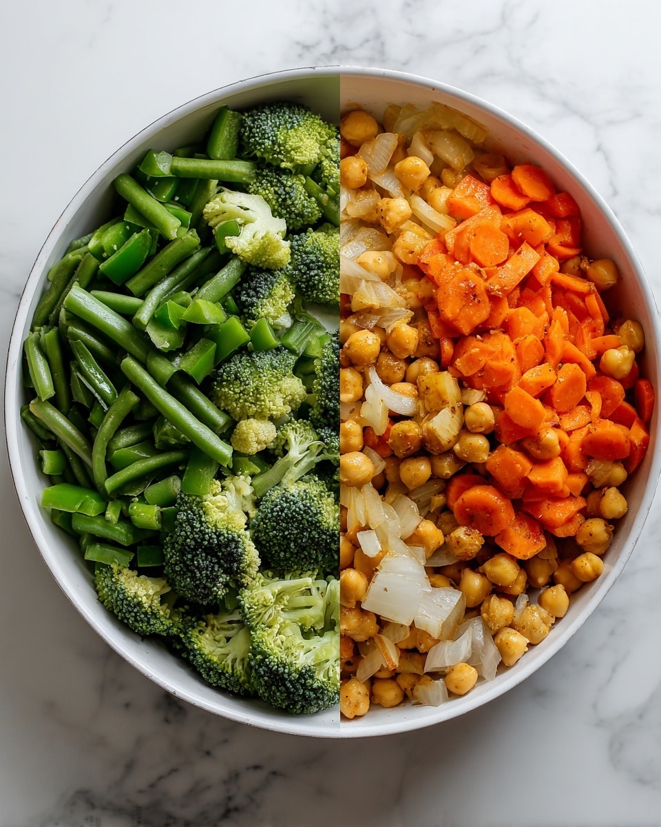 The image shows two side-by-side photos of a white bowl and a white pan on a white marbled surface. The left photo has a layer of raw vegetables neatly separated in the white bowl, including chopped green beans, green bell peppers, broccoli florets, sliced onions, and sliced carrots, all forming distinct sections. On the right, the same vegetables are cooked and mixed together in the white pan, with the addition of chickpeas scattered evenly throughout. The cooked mix looks softer and has a blend of green, orange, light brown, and white colors from the various vegetables and chickpeas. Photo taken with an iphone --ar 4:5 --v 7