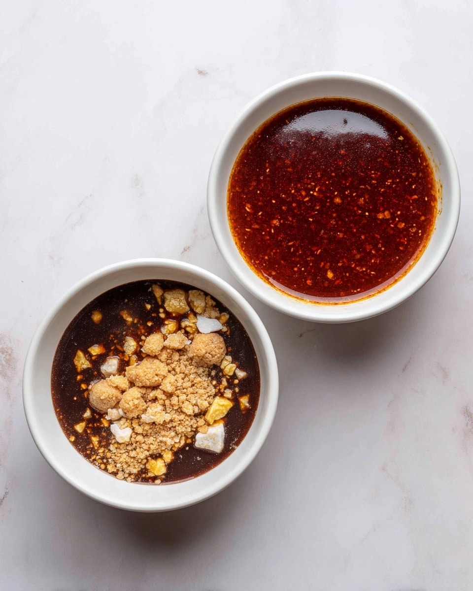 The image shows two white bowls side by side on a white marbled surface. The bowl on the left contains a dark brown liquid with several ingredients floating on top, including light brown granules, white powder clumps, and light yellow chunks, creating a mixture of colors and textures. The bowl on the right holds the same mixture after being stirred into a smooth, reddish-brown sauce with small visible bits creating a slightly uneven surface texture, and a glossy finish reflecting light. photo taken with an iphone --ar 4:5 --v 7