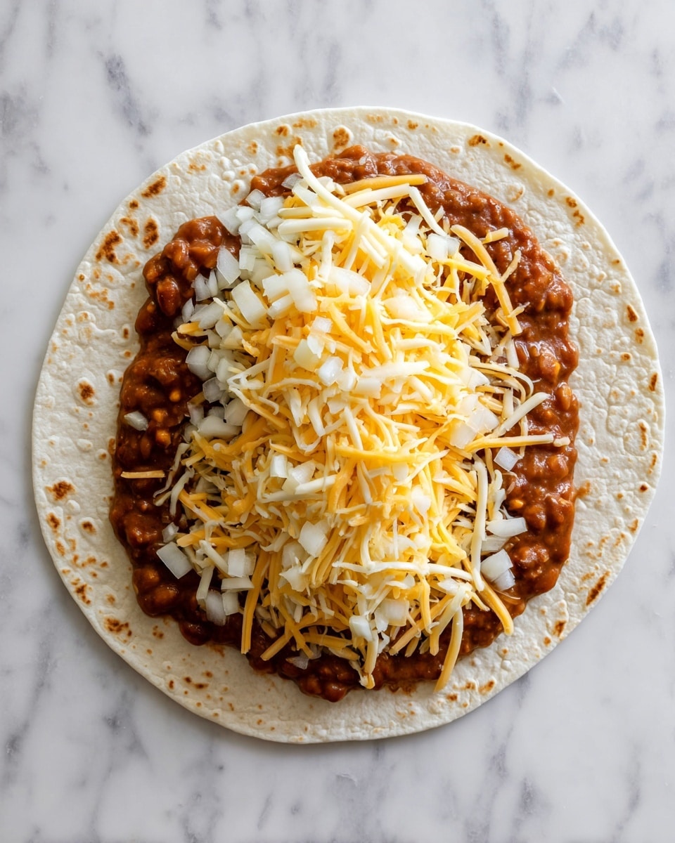 A white tortilla is laid flat on a white marbled surface, showing layers being added step by step. The first layer is smooth brown refried beans spread in the center of the tortilla. On top of the beans is a mound of shredded yellow and white cheese, covering most of the beans. The next layer adds small pieces of chopped white onions scattered over the cheese, creating a contrast with the yellow and white mix. The tortilla's texture is soft with small brown spots scattered evenly. Photo taken with an iphone --ar 4:5 --v 7