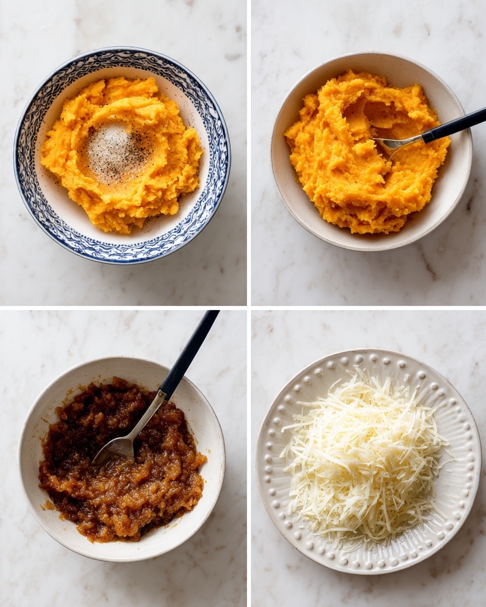 The image shows four separate close-up shots arranged in a grid on a white marbled surface. The top left shot features a white bowl with a blue rim filled with bright orange mashed sweet potatoes; salt and black pepper sit on top of the mash in the center. The top right shows the same bowl with the orange mash mixed smoothly and a black spoon stirring inside. The bottom left has a white bowl filled with a thick, dark brown mixture with visible bits and a spoon resting inside. The bottom right image displays a white plate with small raised dots around the rim, filled with a pile of shredded white cheese. photo taken with an iphone --ar 4:5 --v 7