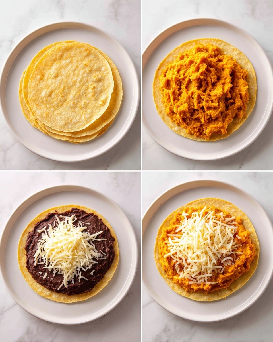 The image shows a set of four steps to prepare a small dish on a white tortilla. The first step displays four plain light yellow tortillas on a white plate, all resting on a white marbled surface. The second step shows one tortilla laid flat, half-covered with a smooth, dark brown layer of refried beans. In the third step, a thick layer of bright orange mashed sweet potatoes is added on top of the beans, covering the same half of the tortilla. The final step reveals a generous pile of shredded white cheese placed over the orange layer, all on the same half side of the tortilla. photo taken with an iphone --ar 4:5 --v 7