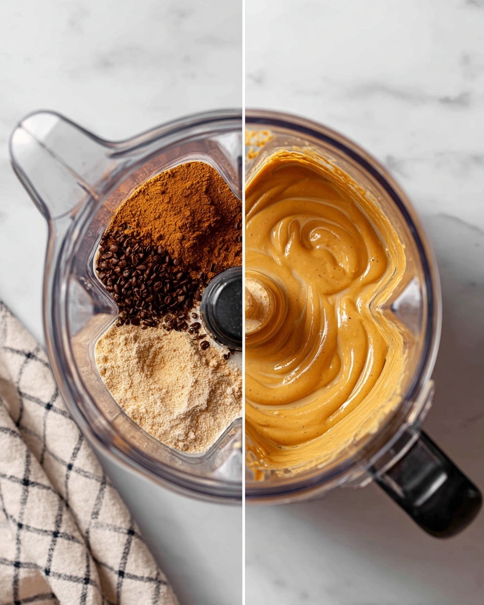 Two images side by side show a blender from above. The left side shows dry and wet ingredients before blending: dark brown powder, a small pile of light brown powder, and a creamy liquid with an orange tint, all unevenly mixed with rough texture. The right side shows the same blender with a smooth, creamy sauce of light brown-orange color, swirled slightly on top. A woman's thumb is pressing the blender on the right side. Both are on a white marbled surface with a folded checkered cloth near the blender. Photo taken with an iphone --ar 4:5 --v 7