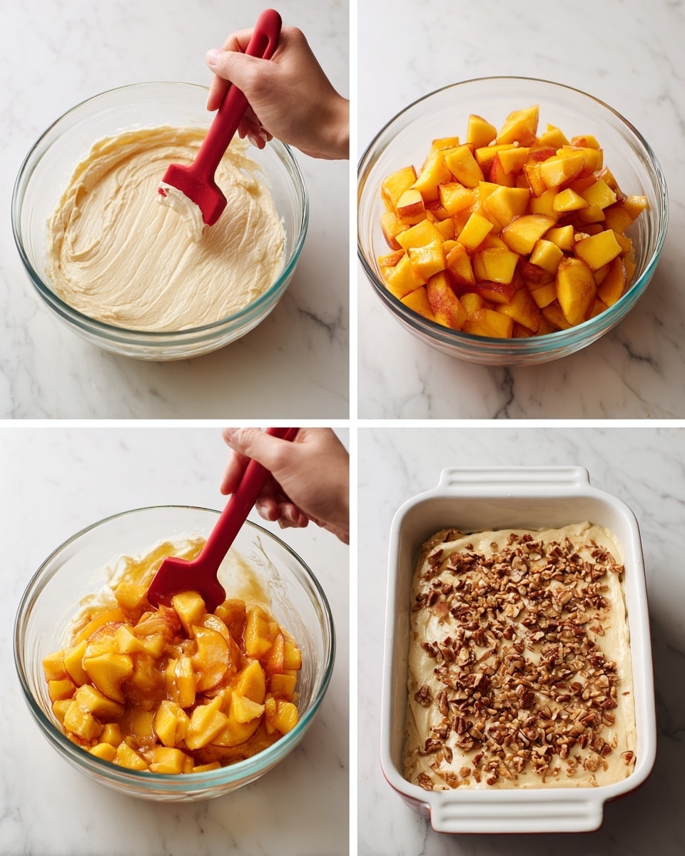 The image shows four steps of making a peach dessert in clear glass mixing bowls and a white baking dish. In the first step, a thick, pale cream batter is spread evenly at the bottom of a glass bowl with a red spatula held by a woman's hand. The second step shows bright orange and yellow peach cubes piled on top of the batter in the same bowl, with the spatula still inside. The third step shows the peaches mixed evenly into the creamy batter, which has chunks of peaches visible throughout. The last step shows the batter transferred into a white baking dish, spread evenly, and covered with a layer of crushed nuts and brown sprinkles on top. The background surface is white marble. Photo taken with an iphone --ar 4:5 --v 7