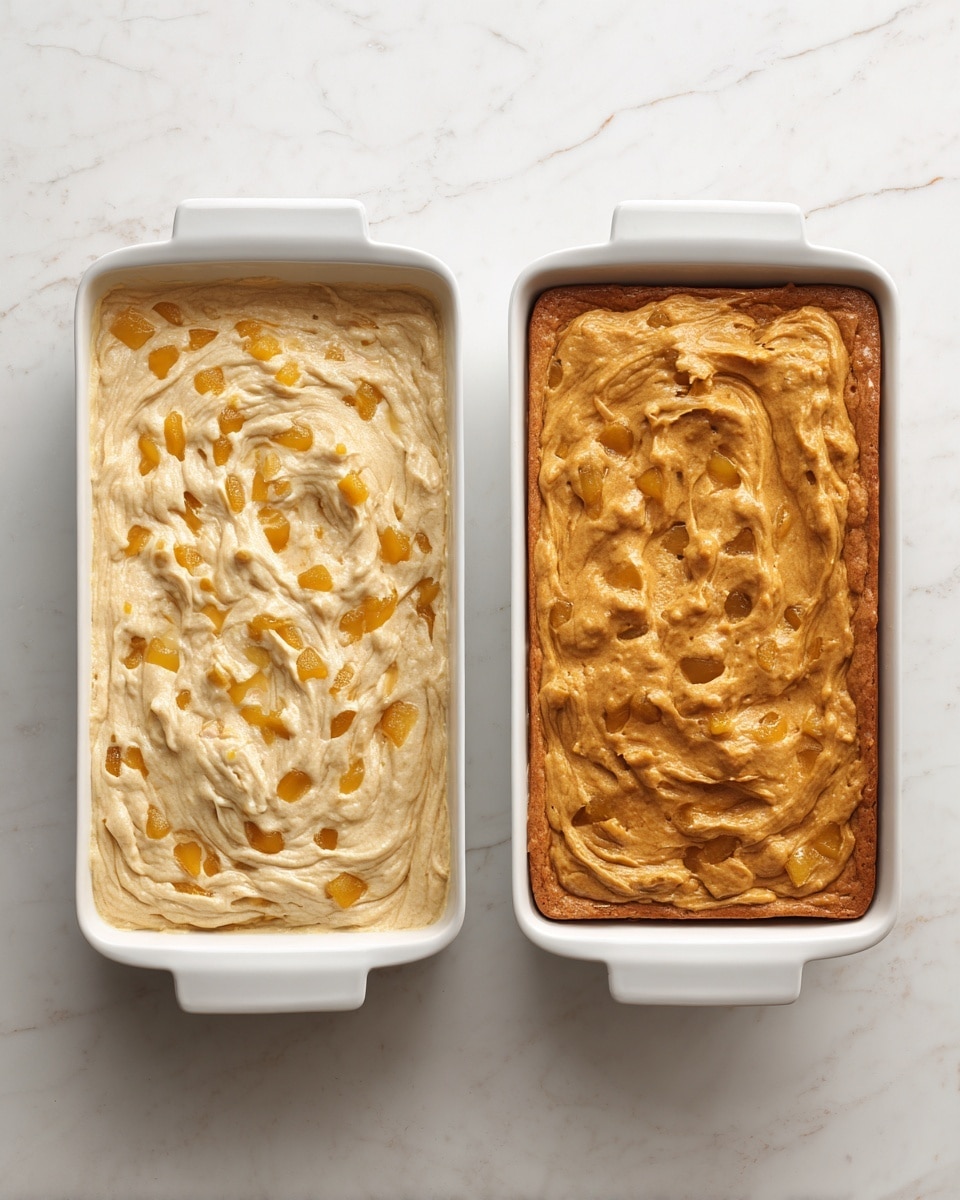 The left side shows a white rectangular baking dish filled with an uncooked batter mixed with small pieces of yellow fruit, spread unevenly with visible swirls and chunks, giving it a creamy texture with a light beige and orange-yellow color mix. The right side displays the same dish now baked, with a golden-brown top layer that is smooth with some lightly cracked spots, slightly darker around the edges, and the fruit pieces peeking through. Both dishes are placed on a white marbled surface. photo taken with an iphone --ar 4:5 --v 7
