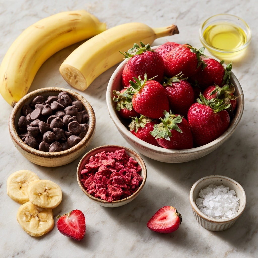 The image shows several round chocolate-covered treats on a white plate with a white marbled surface in the background. One of the treats is cut open in the front, revealing three layers inside: a dark brown chocolate outer layer, a soft light yellow creamy middle layer, and a bright red slice of strawberry in the center. The chocolates in the background are topped with small white and light brown crumbles, adding texture and contrast. The focus is on the cut piece in front, with the other chocolates softly blurred behind. Photo taken with an iphone --ar 4:5 --v 7