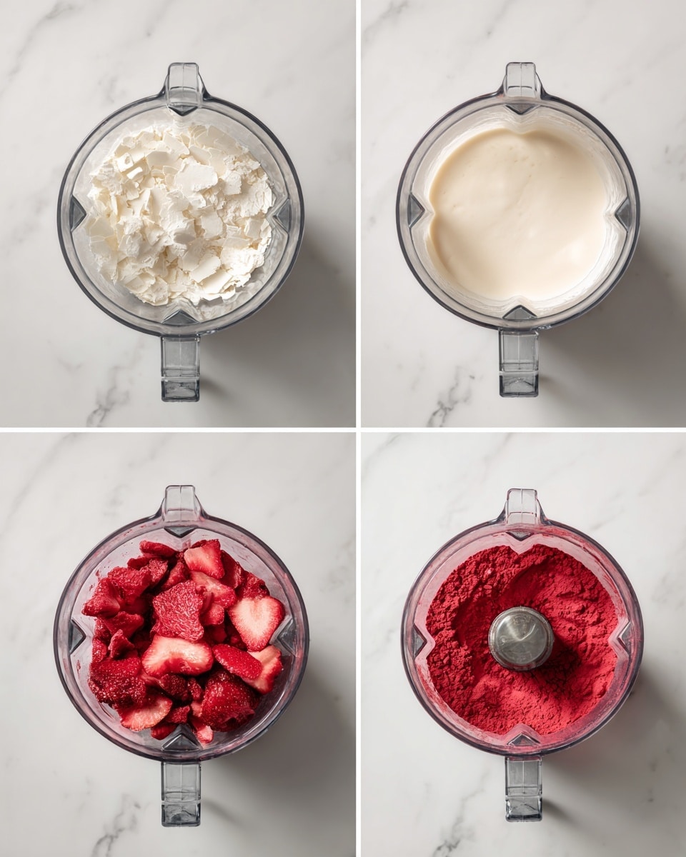 The image shows four close-up views of a blender container on a white marbled surface. The top left image has a layer of white flakes inside the clear blender bowl. The top right image shows a smooth, creamy white liquid filling the blender. The bottom left image has a layer of red, sliced freeze-dried strawberries in the blender. The bottom right image shows a red powder inside the blender bowl, with the blender blade visible beneath it. photo taken with an iphone --ar 4:5 --v 7